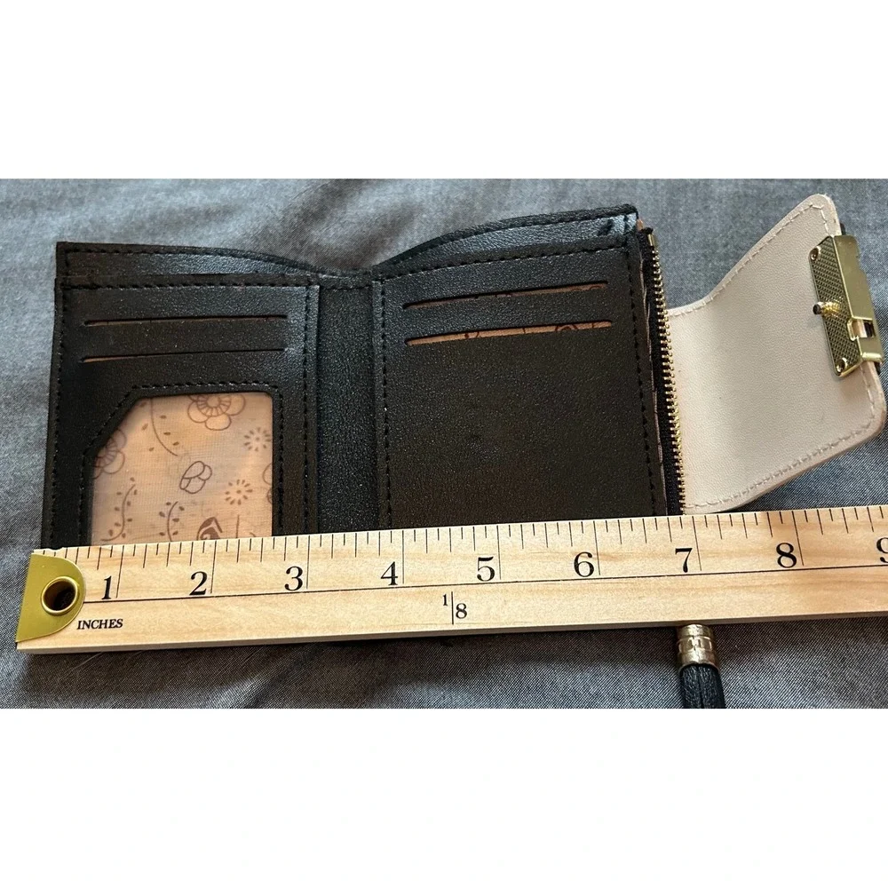 Womens Black Faux Leather Bifold Wallet Floral Snap Tassel Zipper Gold Leaf